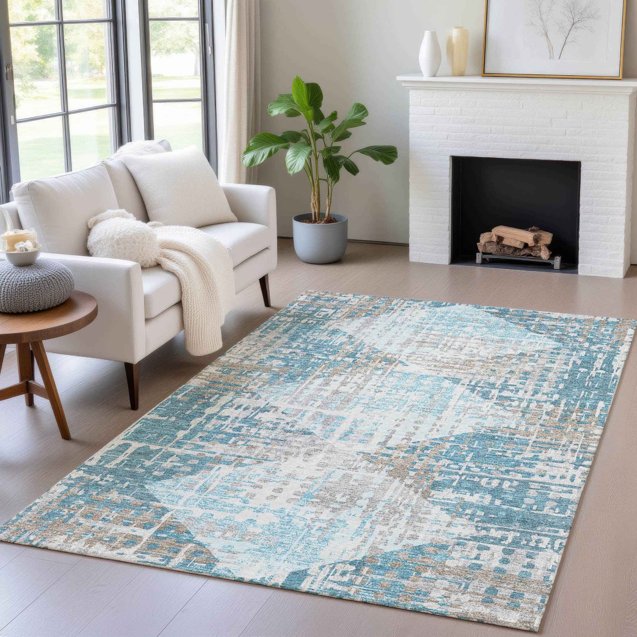 9' X 12' Teal Blue And Beige Geometric Washable Indoor Outdoor Area Rug