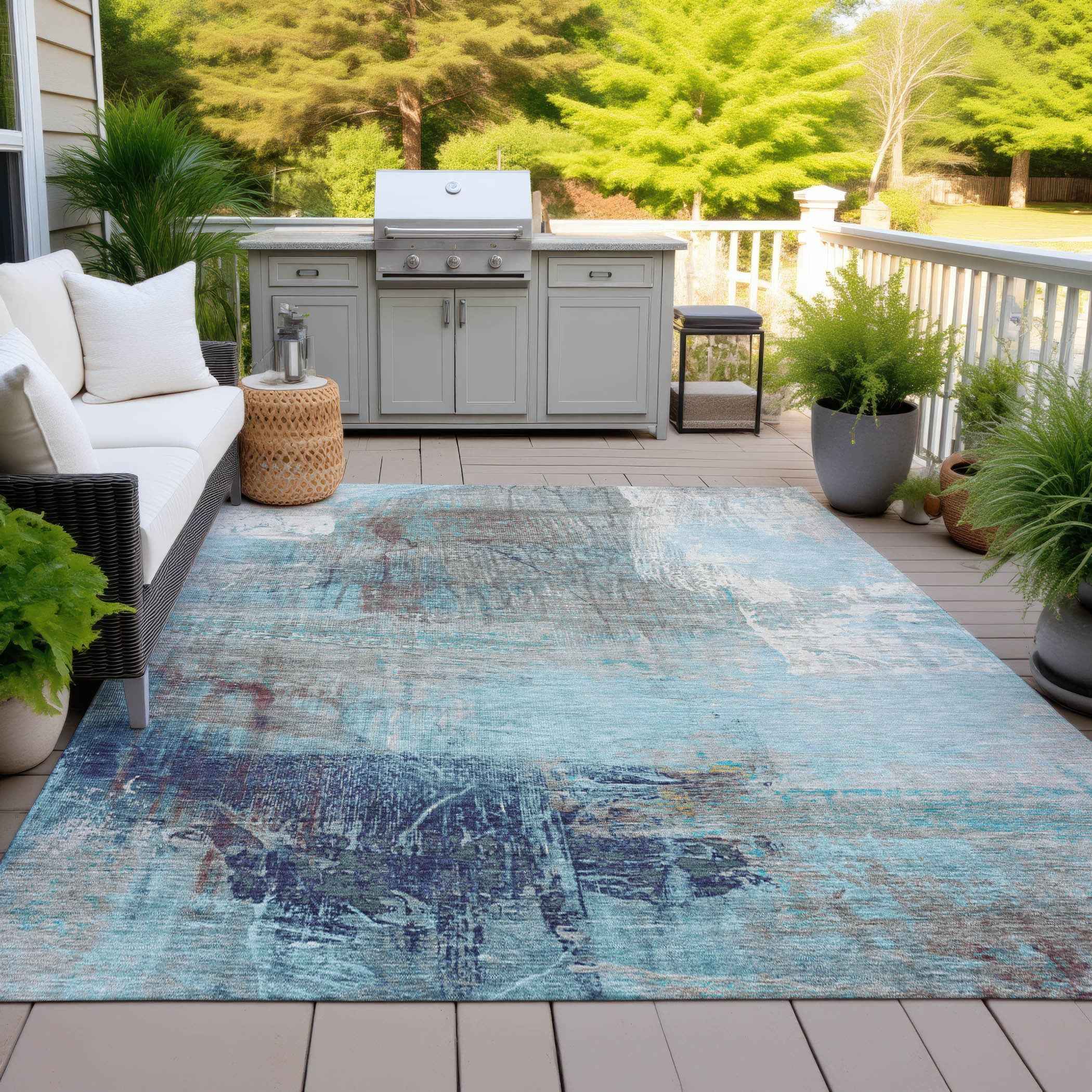 8' X 10' Teal Blue And Gray Abstract Washable Indoor Outdoor Area Rug