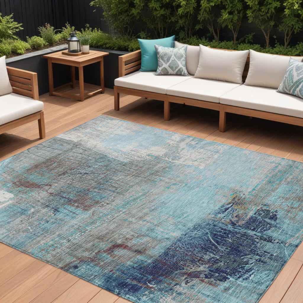 8' X 10' Teal Blue And Gray Abstract Washable Indoor Outdoor Area Rug