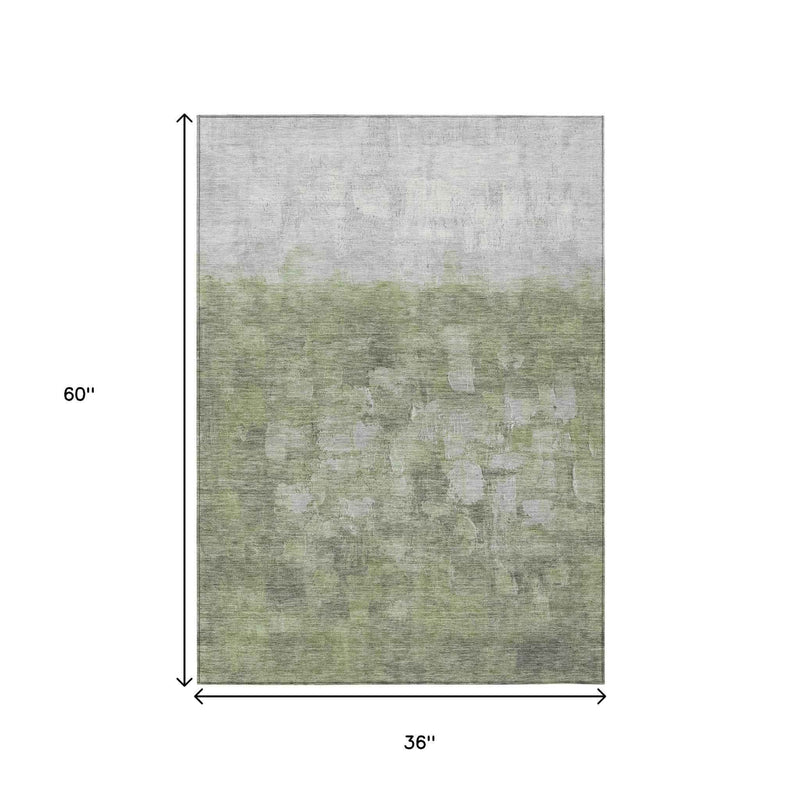 3' X 5' Fern Green And Silver Abstract Washable Indoor Outdoor Area Rug