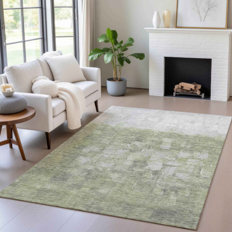 3' X 5' Fern Green And Silver Abstract Washable Indoor Outdoor Area Rug