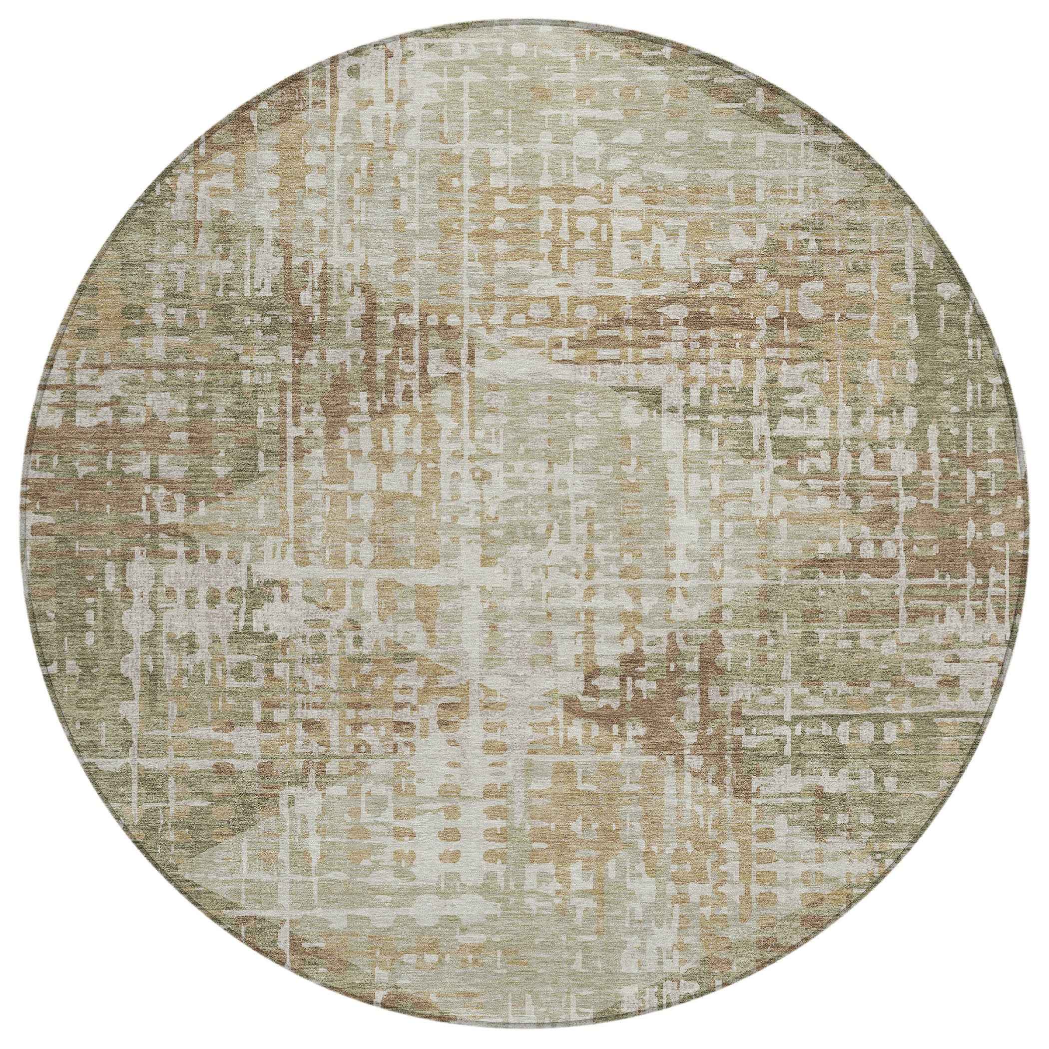 8' Fern Green And Beige Round Geometric Washable Indoor Outdoor Area Rug