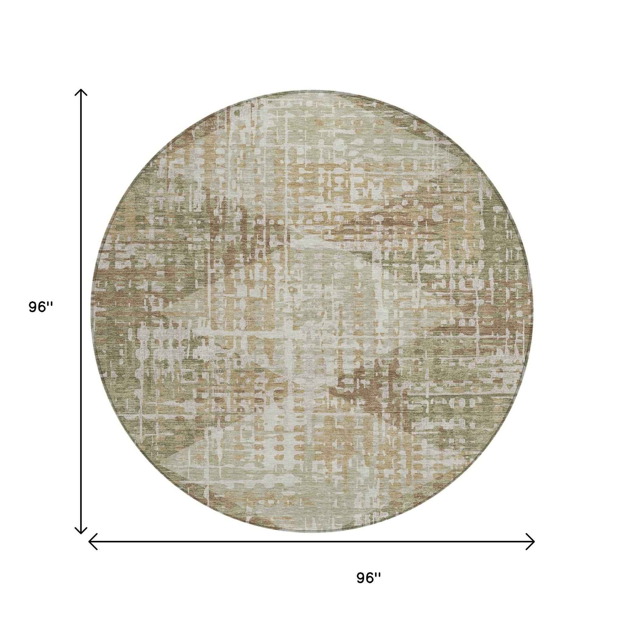 8' Fern Green And Beige Round Geometric Washable Indoor Outdoor Area Rug