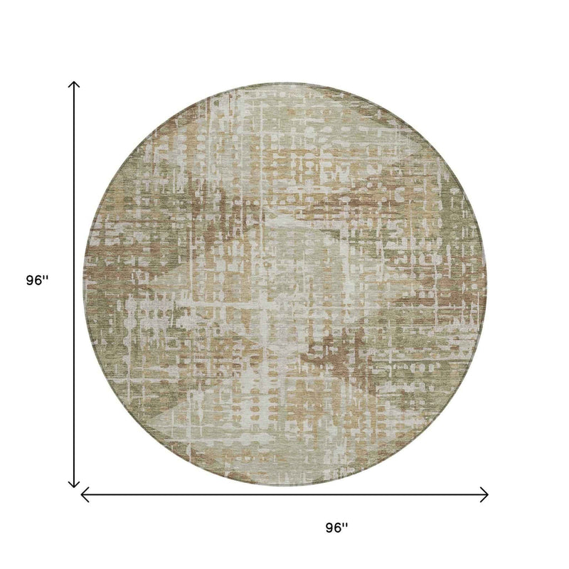 8' Fern Green And Beige Round Geometric Washable Indoor Outdoor Area Rug