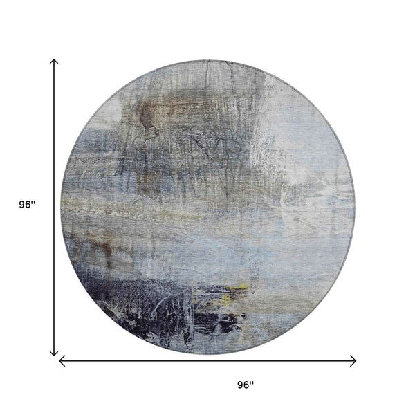 8' Sky Blue And Gray Round Abstract Washable Indoor Outdoor Area Rug Default Title