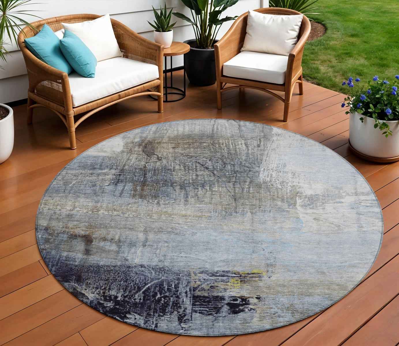 8' Sky Blue And Gray Round Abstract Washable Indoor Outdoor Area Rug