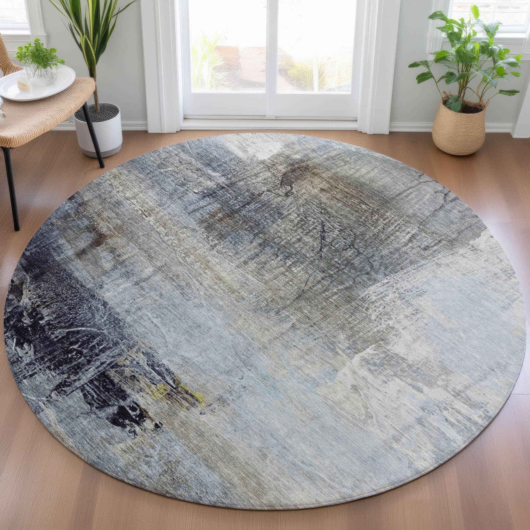 8' Sky Blue And Gray Round Abstract Washable Indoor Outdoor Area Rug