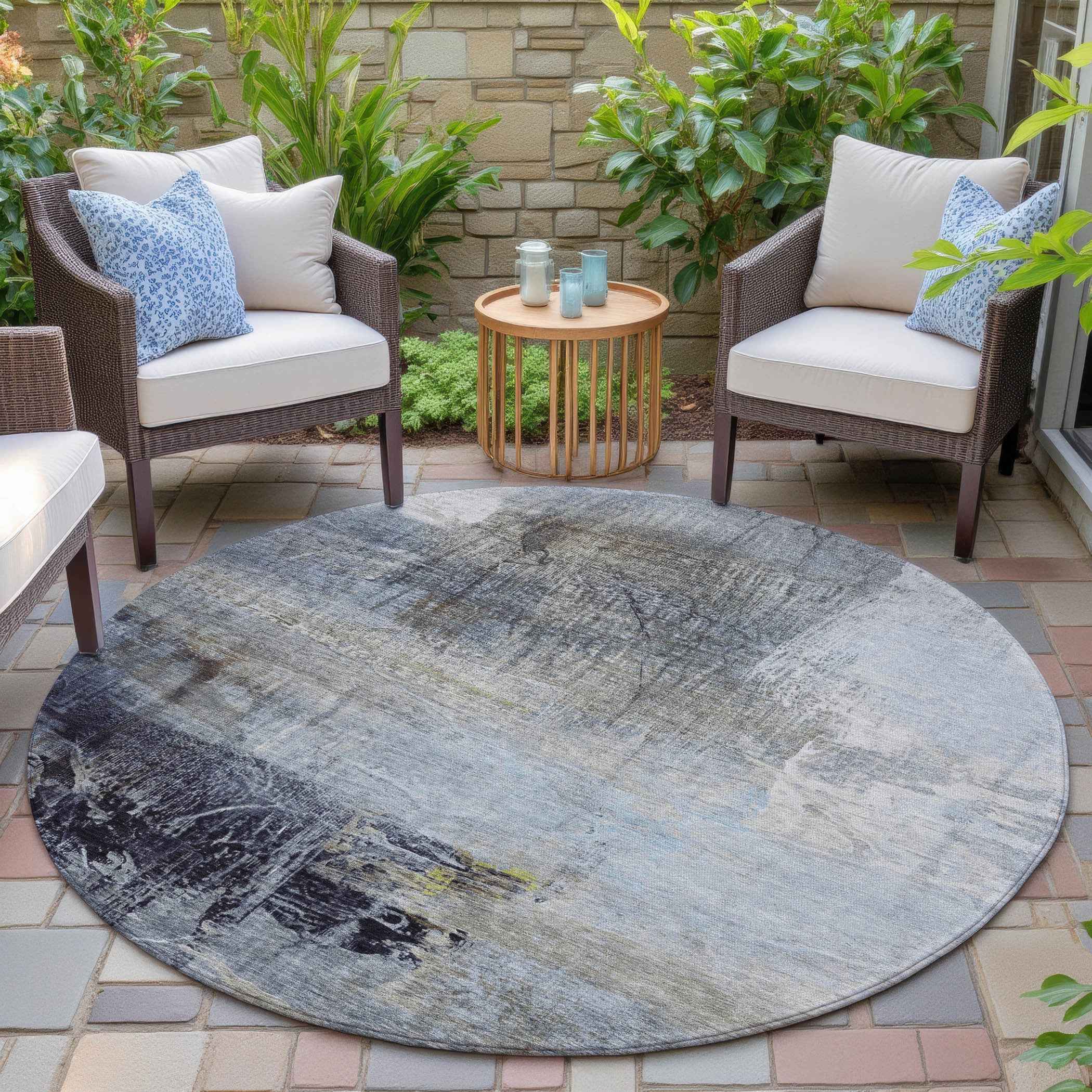 8' Sky Blue And Gray Round Abstract Washable Indoor Outdoor Area Rug
