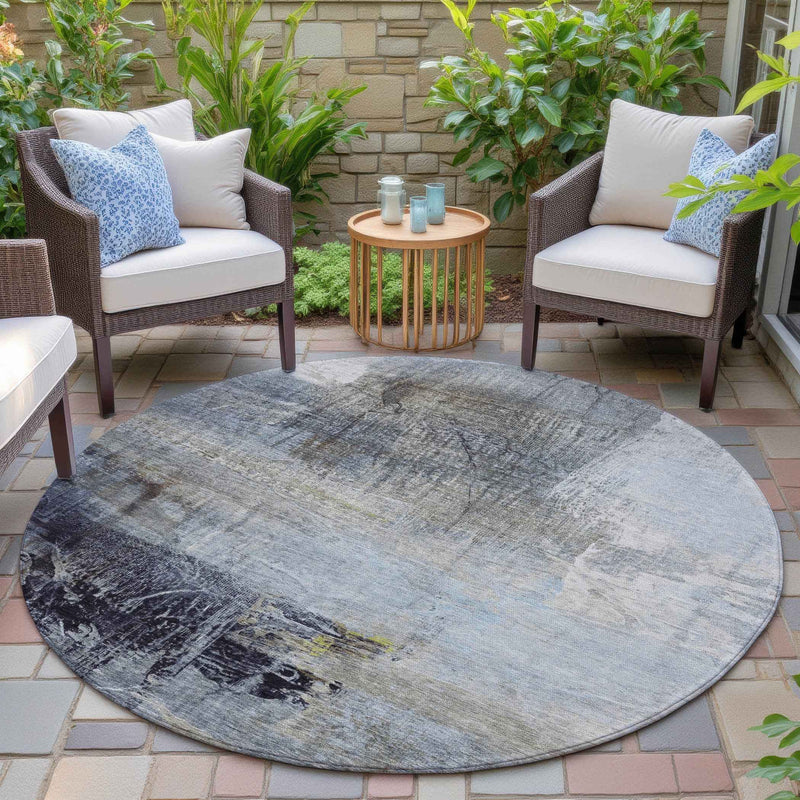 8' Sky Blue And Gray Round Abstract Washable Indoor Outdoor Area Rug