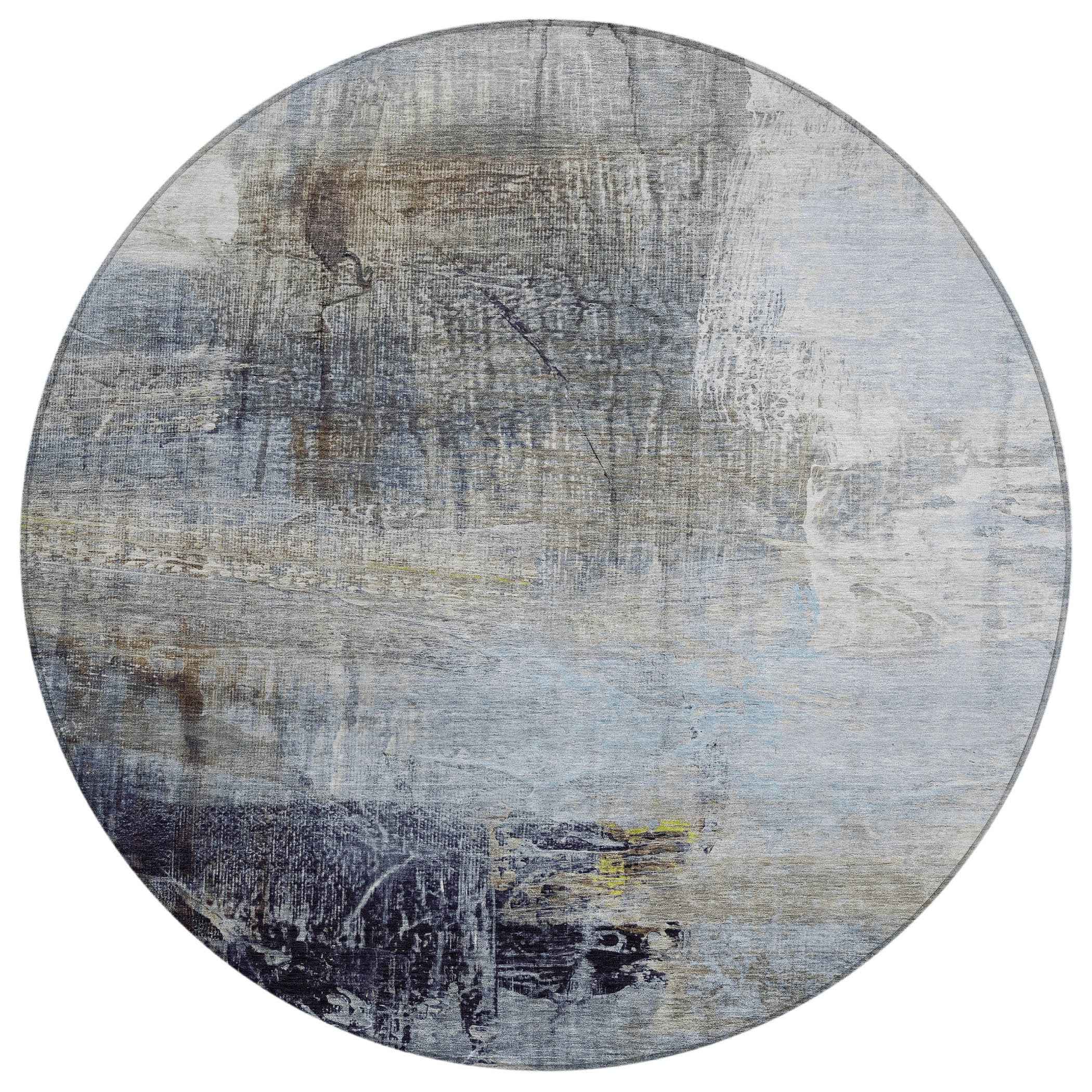 8' Sky Blue And Gray Round Abstract Washable Indoor Outdoor Area Rug