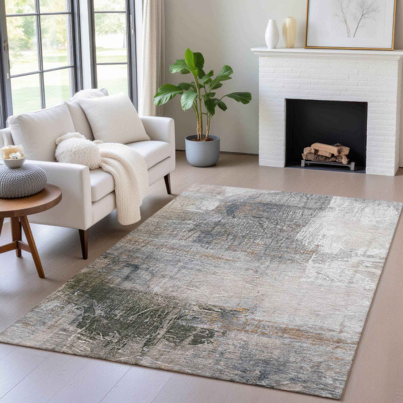 5' X 8' Beige And Gray Abstract Washable Indoor Outdoor Area Rug