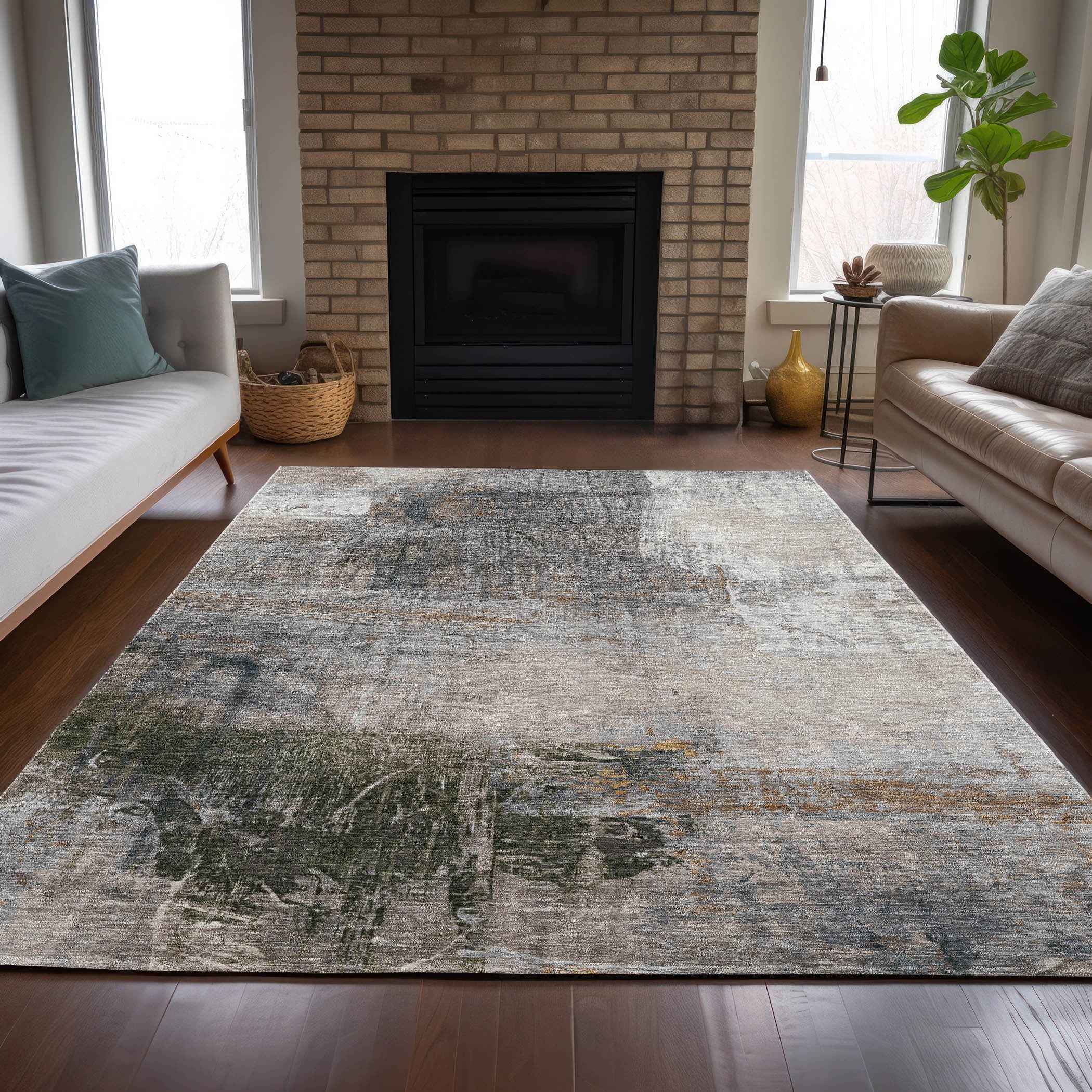 5' X 8' Beige And Gray Abstract Washable Indoor Outdoor Area Rug
