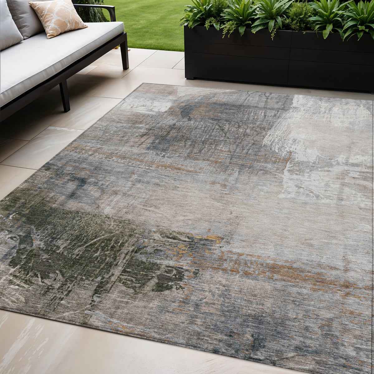 5' X 8' Beige And Gray Abstract Washable Indoor Outdoor Area Rug