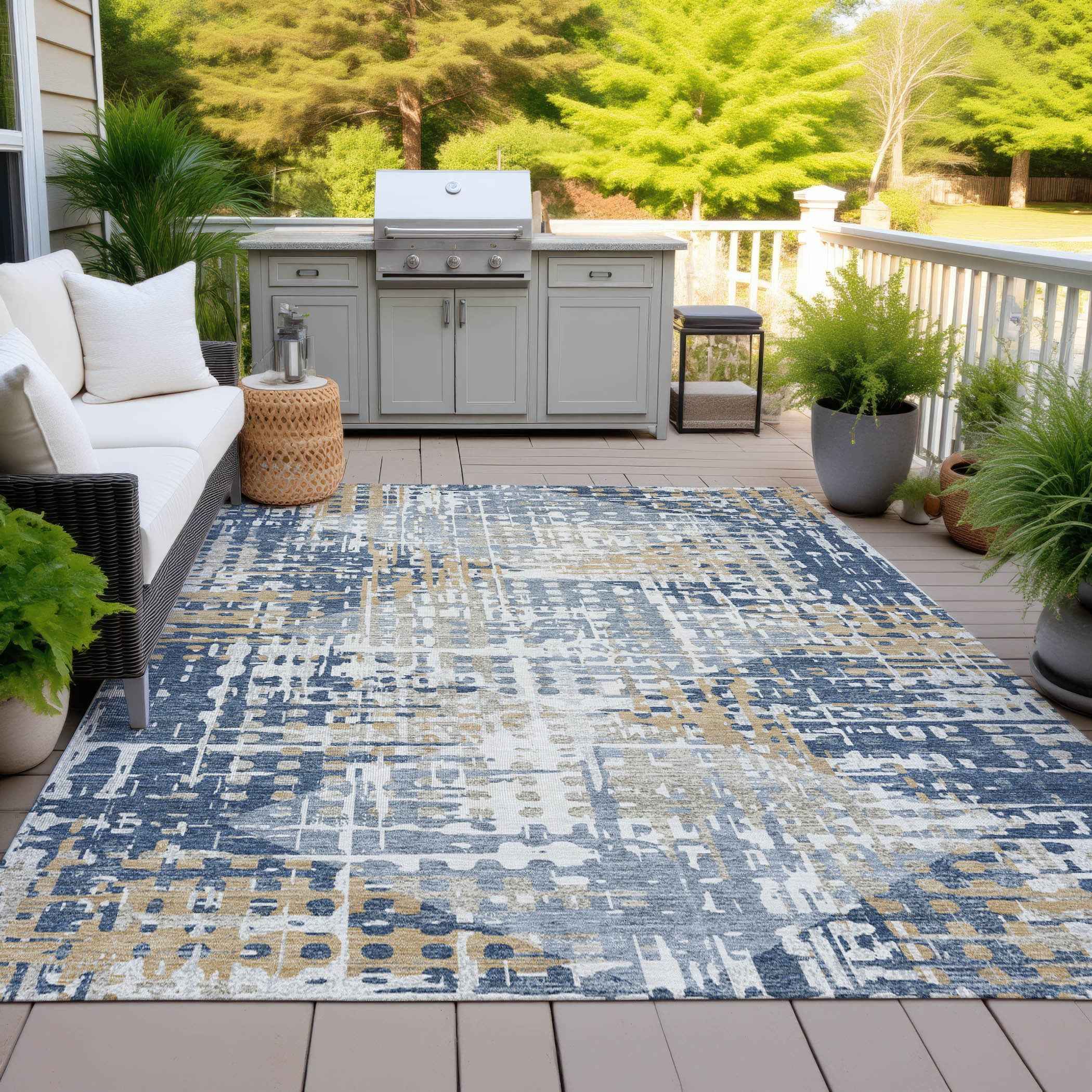 10' X 14' Navy Blue And Beige Geometric Washable Indoor Outdoor Area Rug