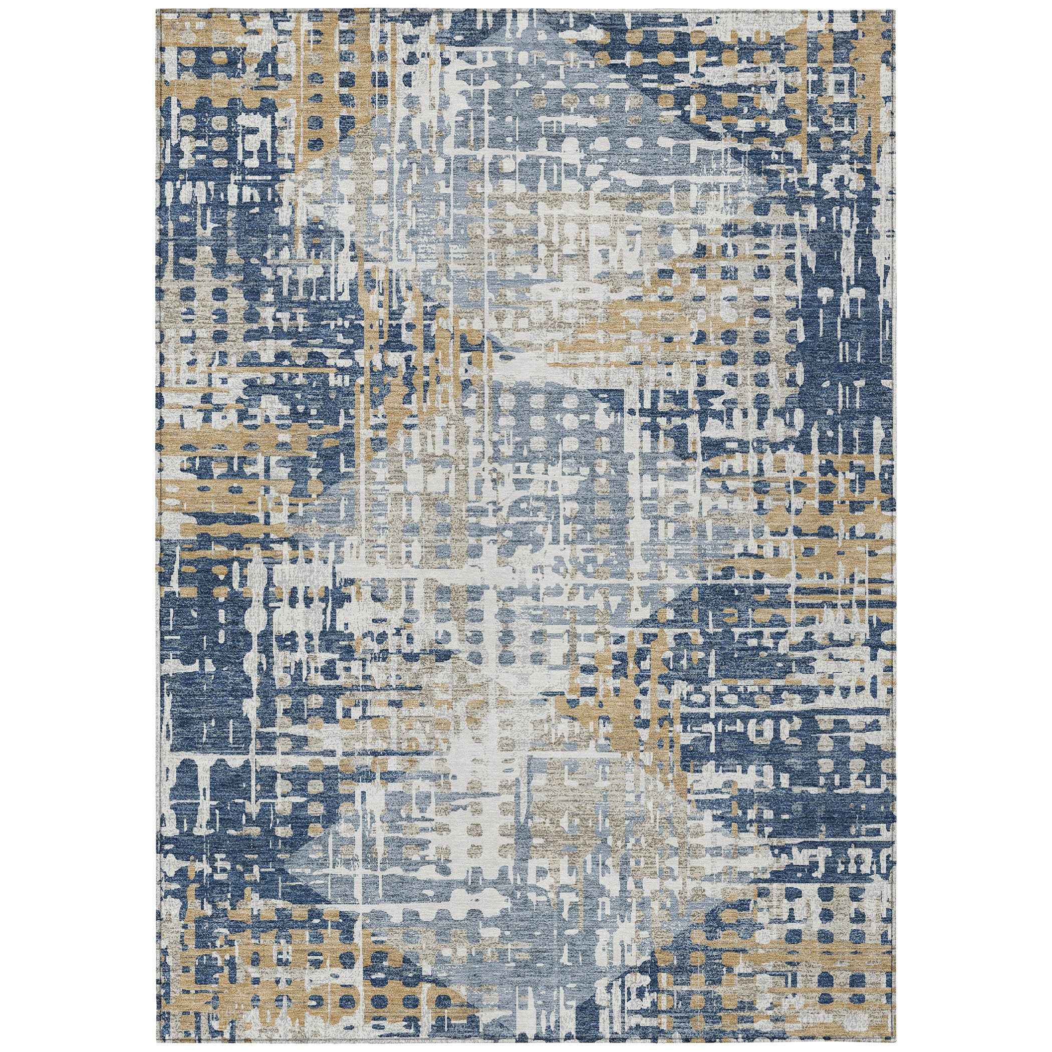 10' X 14' Navy Blue And Beige Geometric Washable Indoor Outdoor Area Rug