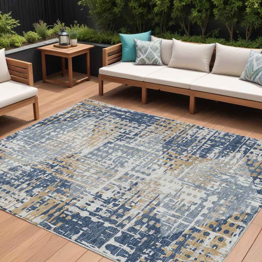 10' X 14' Navy Blue And Beige Geometric Washable Indoor Outdoor Area Rug
