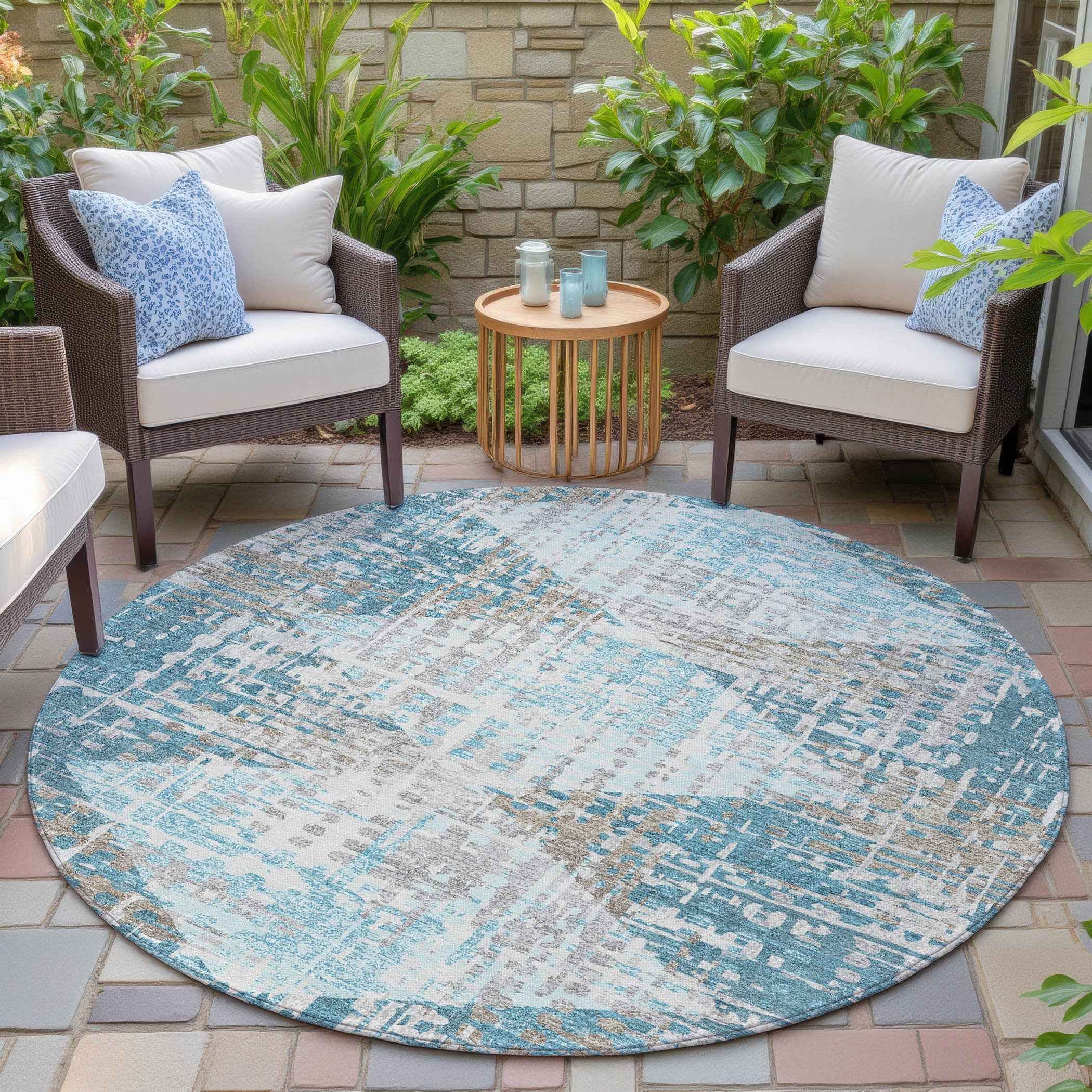 8' Teal Blue And Beige Round Geometric Washable Indoor Outdoor Area Rug
