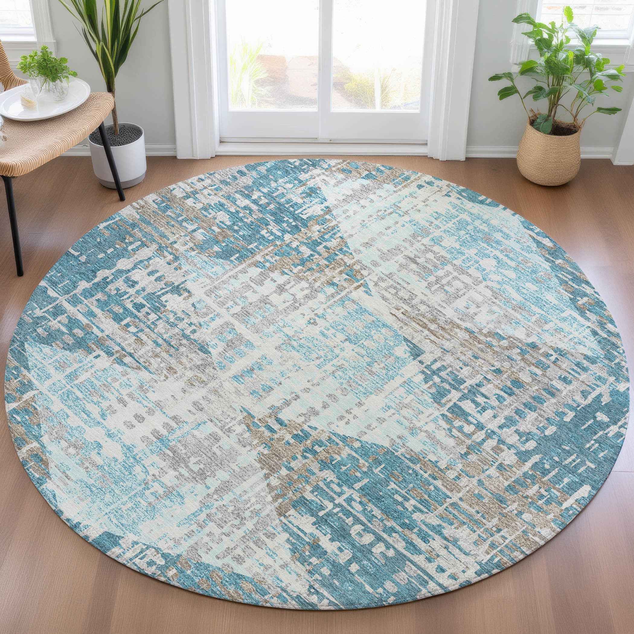 8' Teal Blue And Beige Round Geometric Washable Indoor Outdoor Area Rug