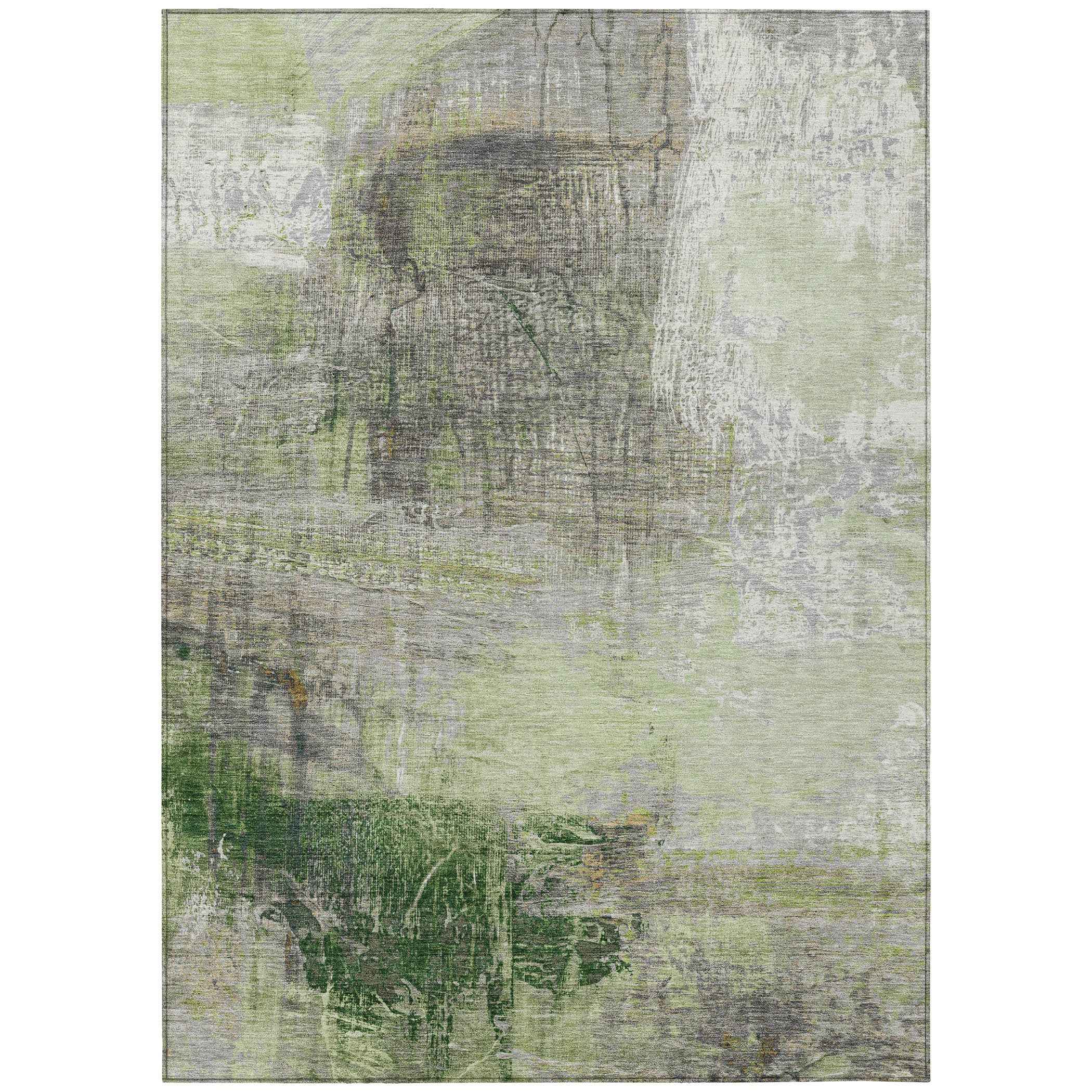 9' X 12' Artichoke Green And Ivory Abstract Washable Indoor Outdoor Area Rug