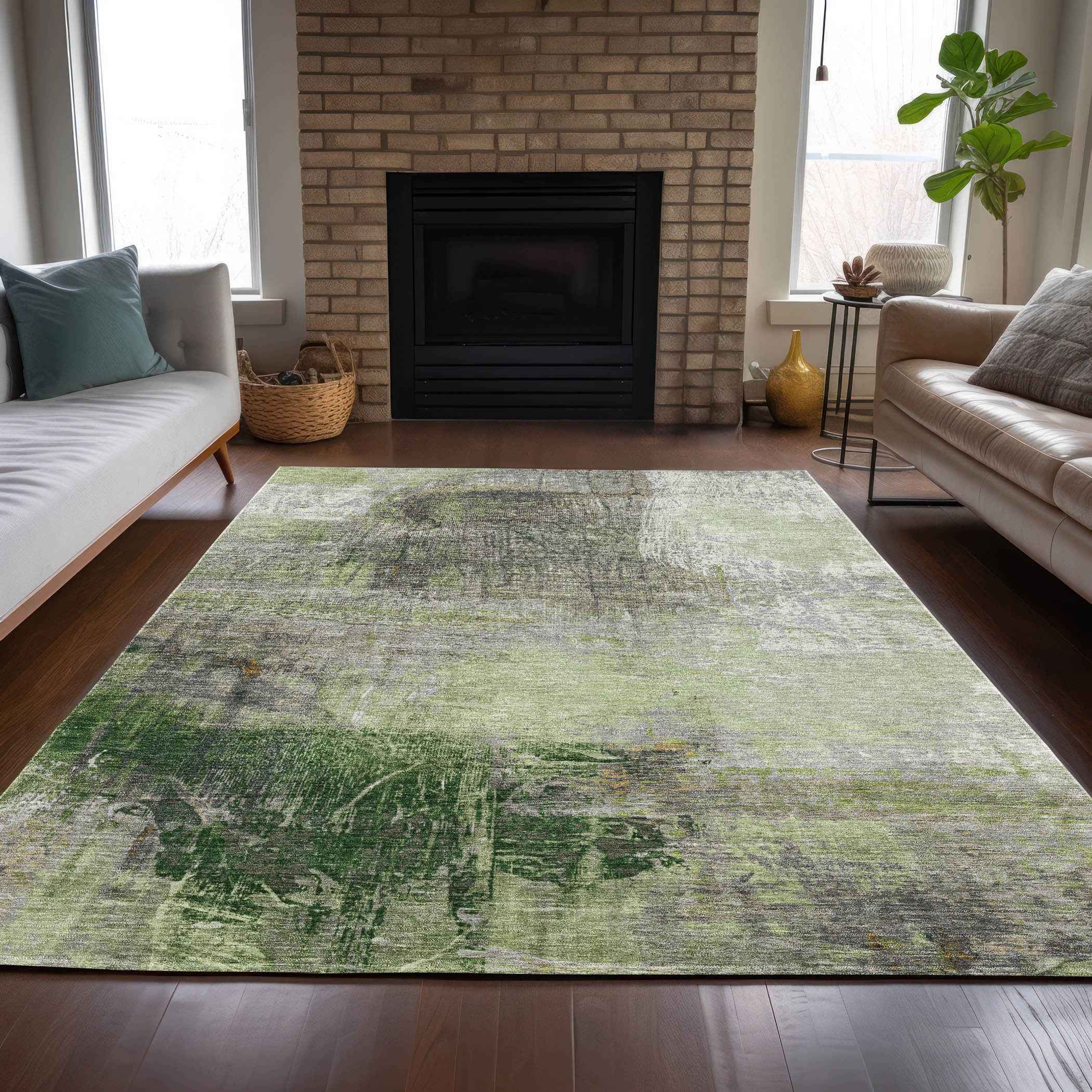 9' X 12' Artichoke Green And Ivory Abstract Washable Indoor Outdoor Area Rug