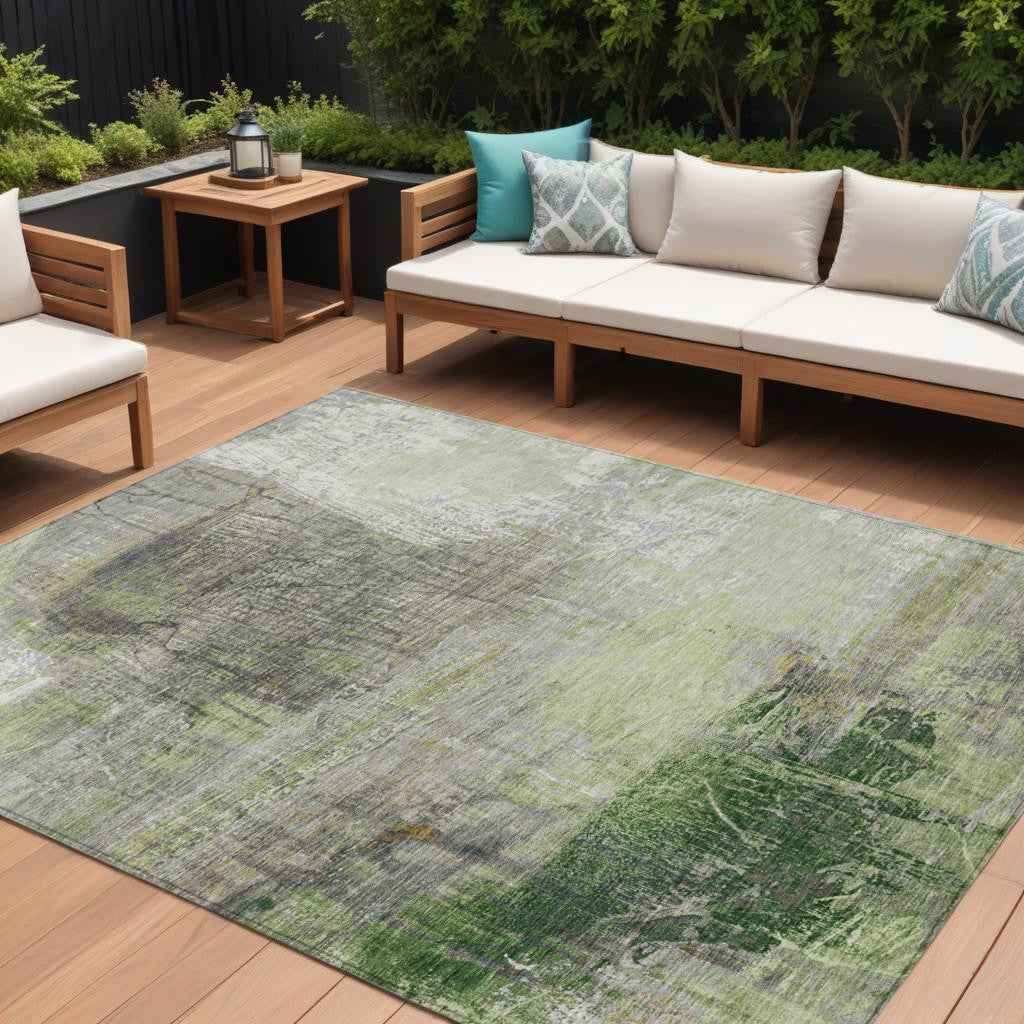 9' X 12' Artichoke Green And Ivory Abstract Washable Indoor Outdoor Area Rug