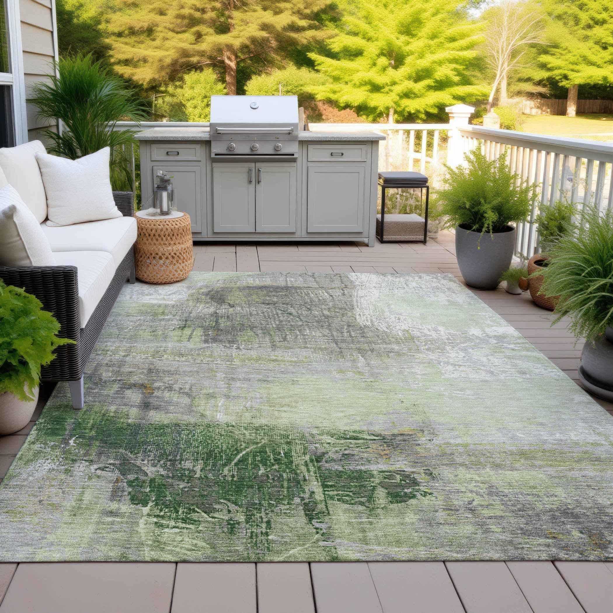 9' X 12' Artichoke Green And Ivory Abstract Washable Indoor Outdoor Area Rug