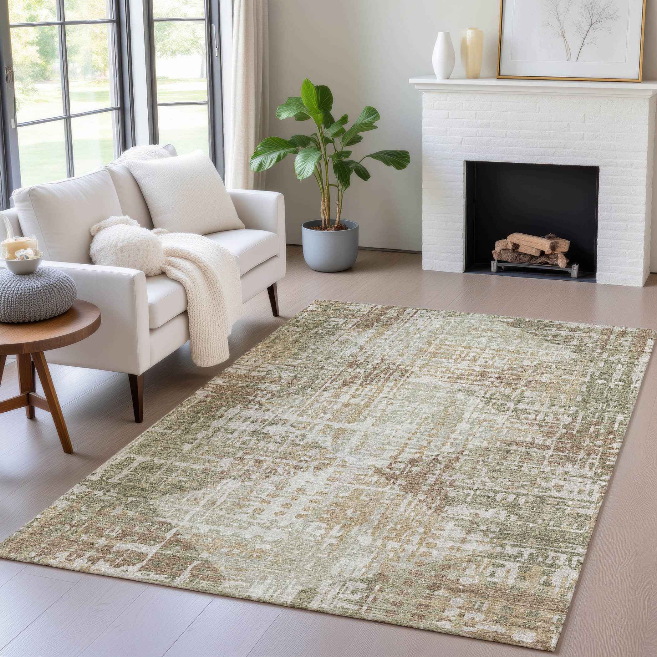 5' X 8' Fern Green And Beige Geometric Washable Indoor Outdoor Area Rug