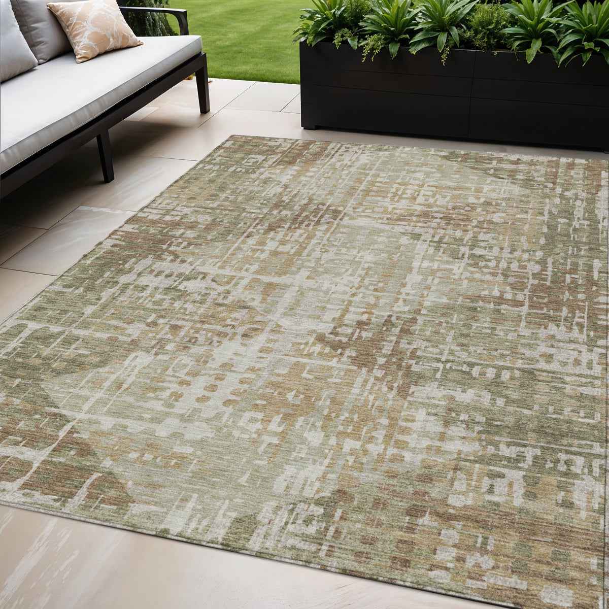 5' X 8' Fern Green And Beige Geometric Washable Indoor Outdoor Area Rug