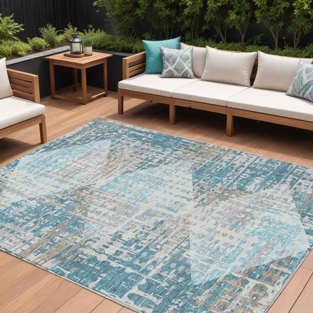 10' X 14' Teal Blue And Beige Geometric Washable Indoor Outdoor Area Rug