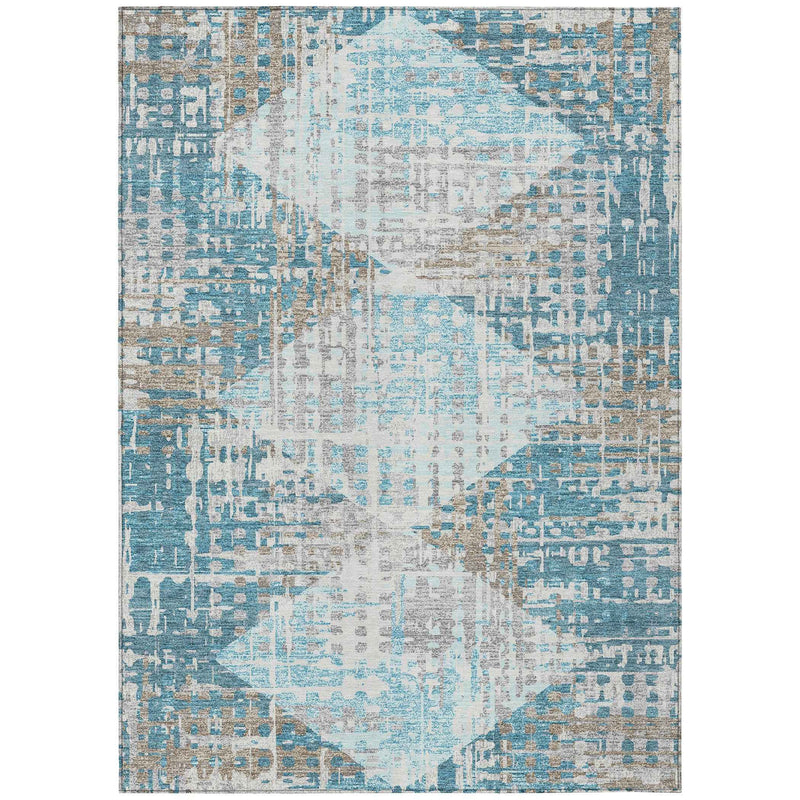 10' X 14' Teal Blue And Beige Geometric Washable Indoor Outdoor Area Rug