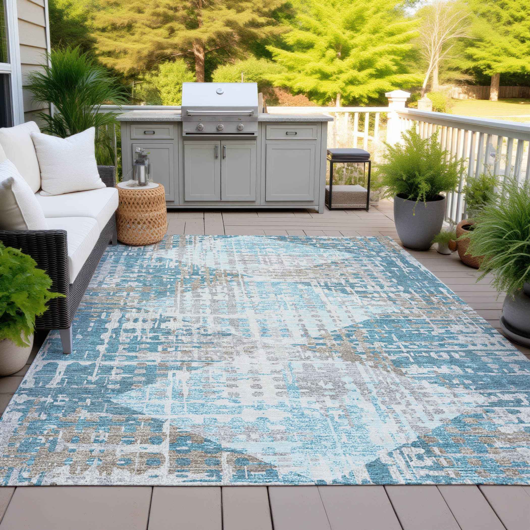 10' X 14' Teal Blue And Beige Geometric Washable Indoor Outdoor Area Rug