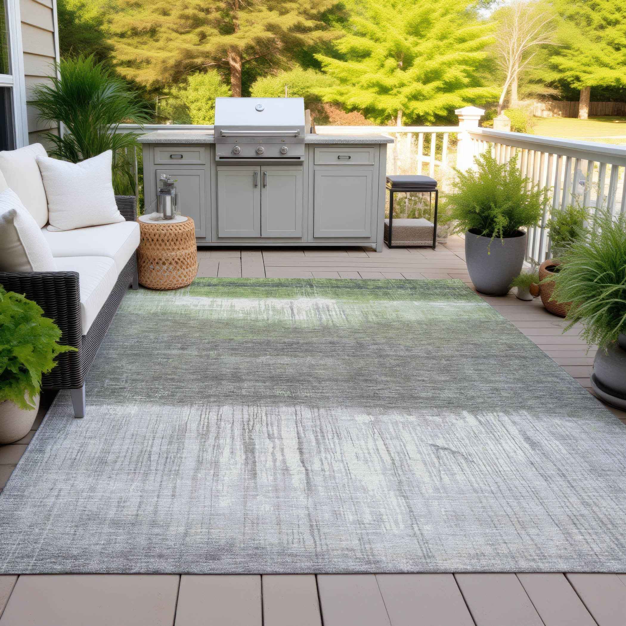 5' X 8' Fern Green And Gray Abstract Washable Indoor Outdoor Area Rug