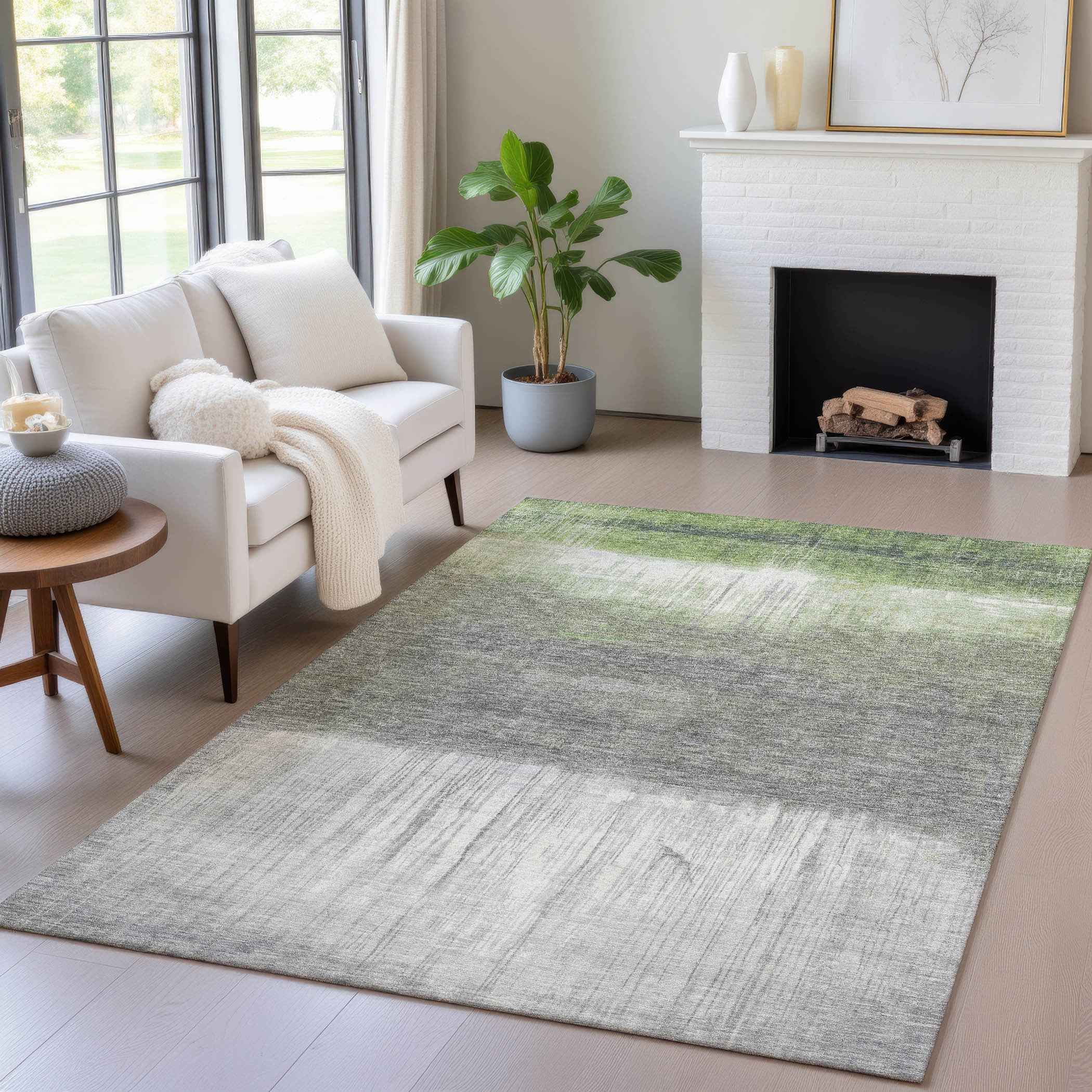 5' X 8' Fern Green And Gray Abstract Washable Indoor Outdoor Area Rug