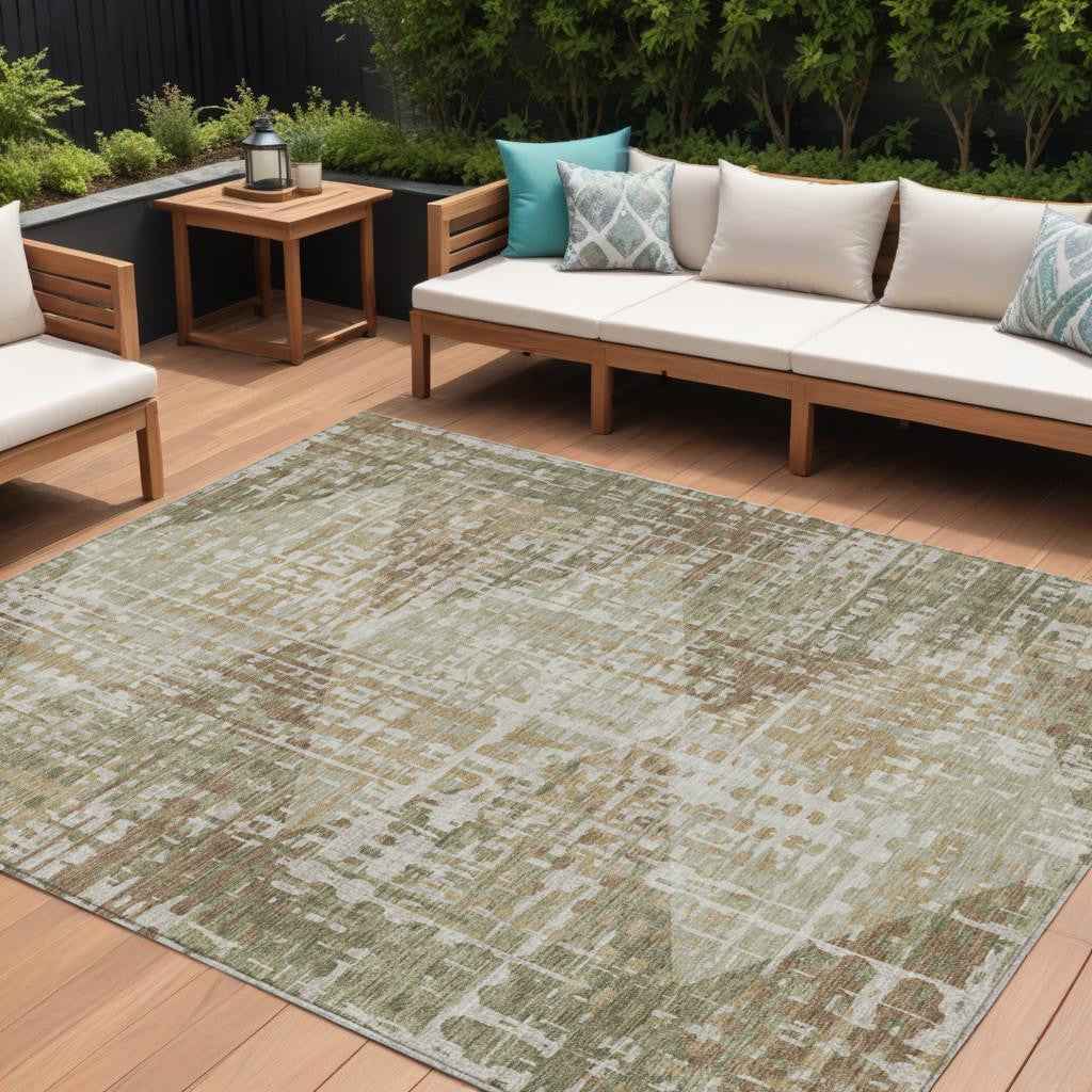 10' X 14' Fern Green And Beige Geometric Washable Indoor Outdoor Area Rug