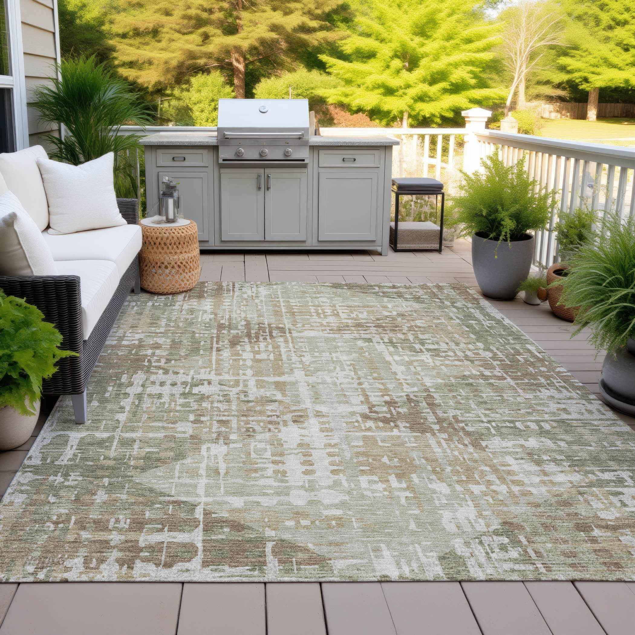 10' X 14' Fern Green And Beige Geometric Washable Indoor Outdoor Area Rug