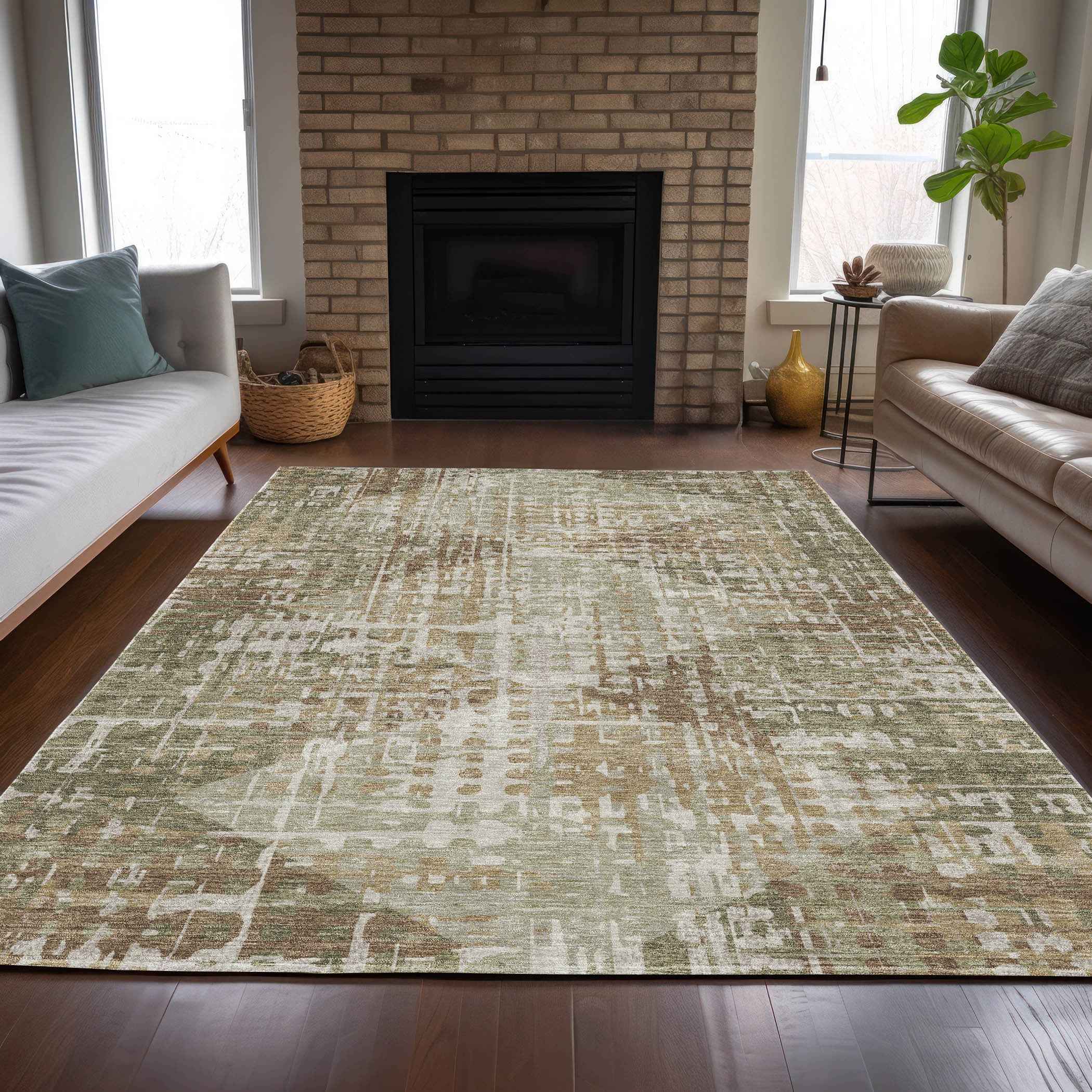 10' X 14' Fern Green And Beige Geometric Washable Indoor Outdoor Area Rug