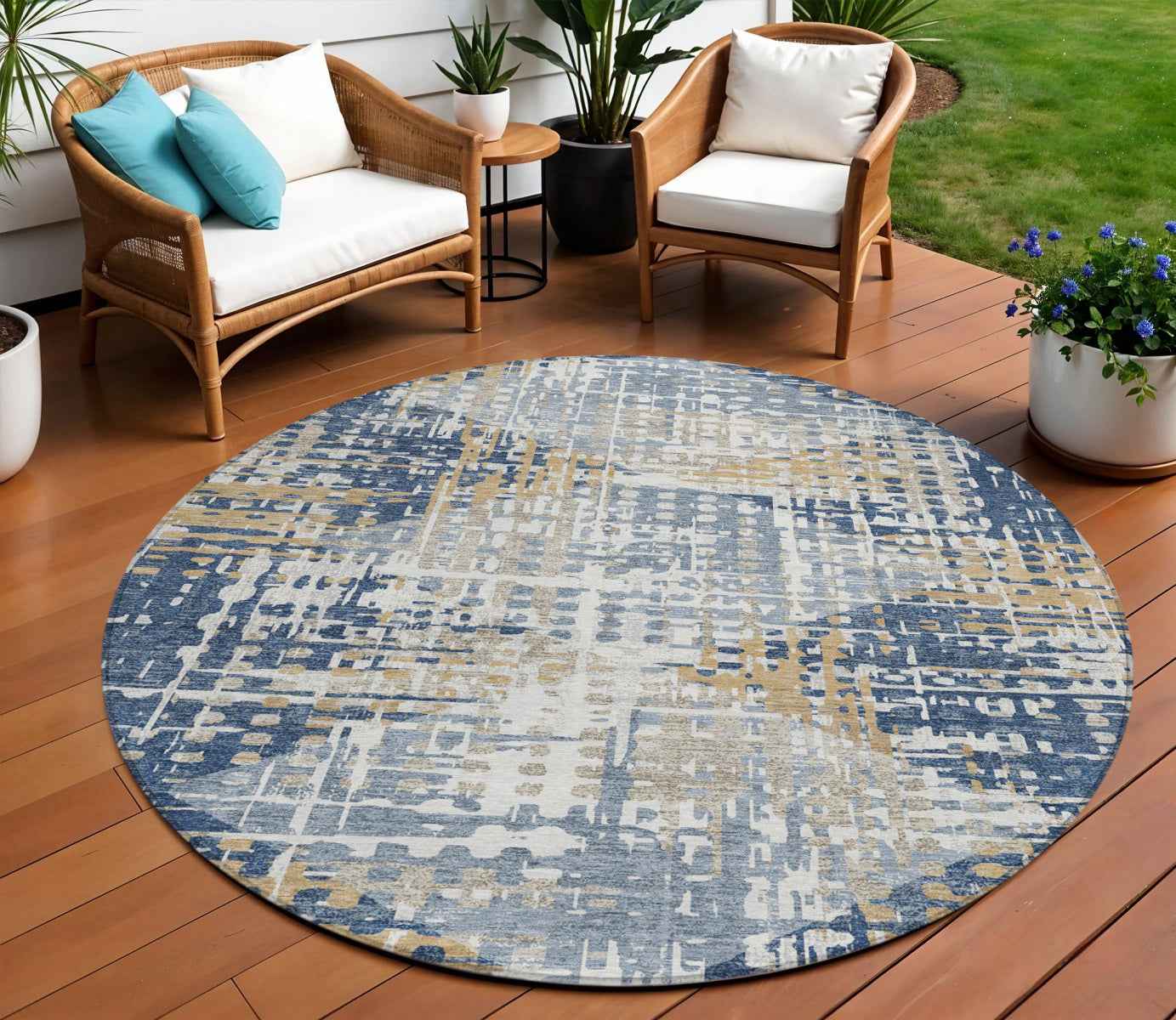 8' Navy Blue And Beige Round Geometric Washable Indoor Outdoor Area Rug