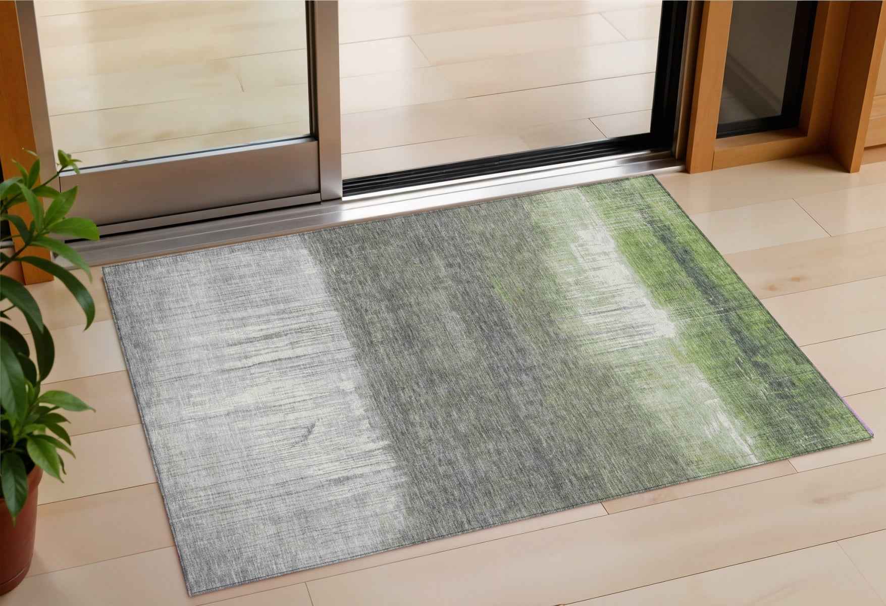 3' X 5' Fern Green And Gray Abstract Washable Indoor Outdoor Area Rug