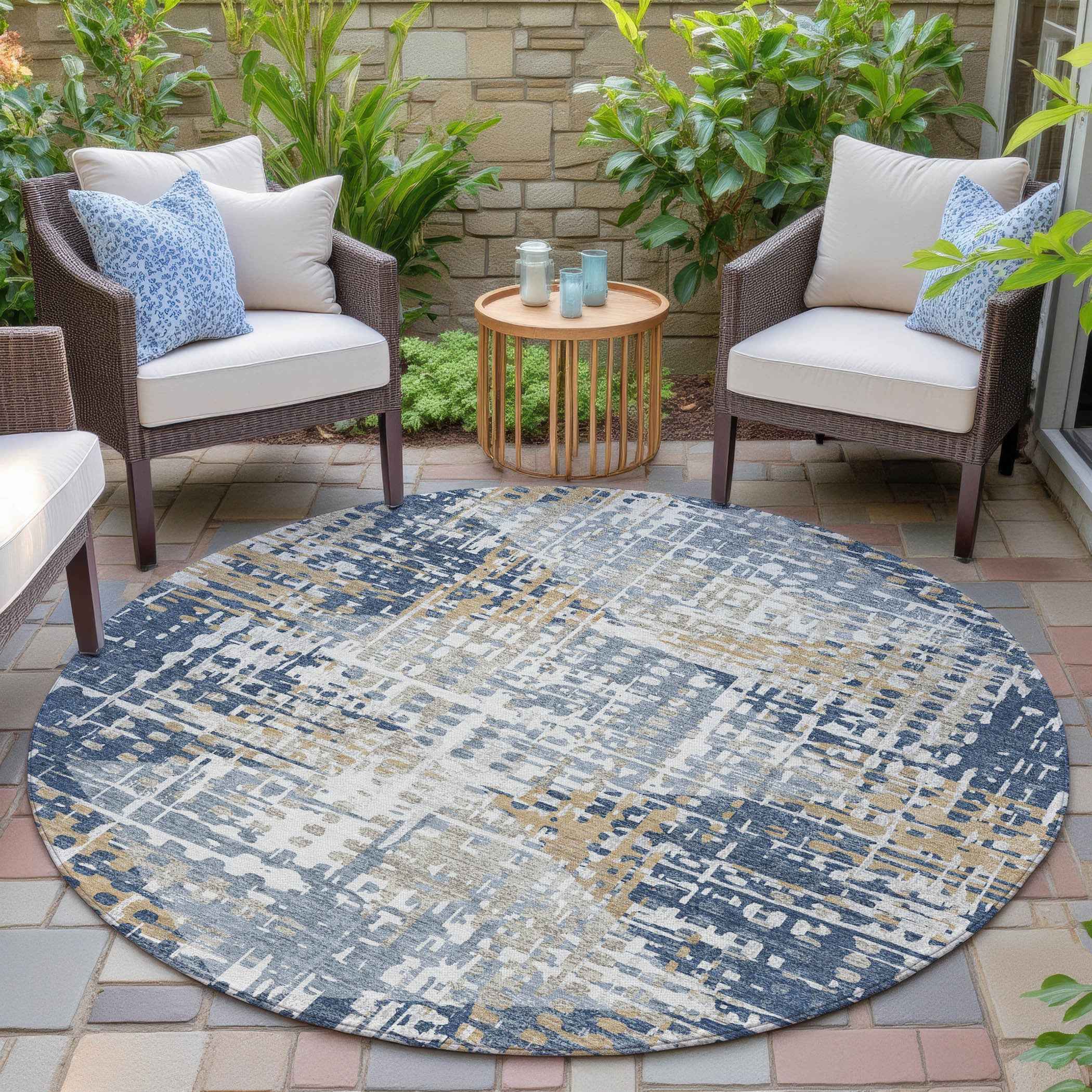 8' Navy Blue And Beige Round Geometric Washable Indoor Outdoor Area Rug