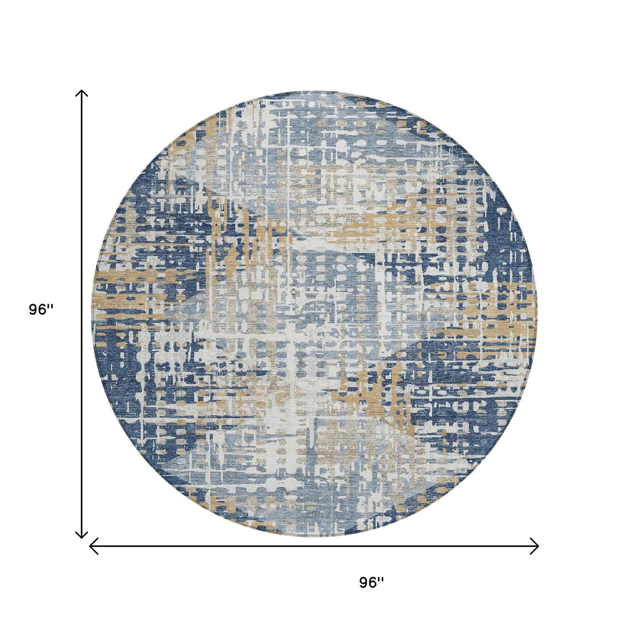 8' Navy Blue And Beige Round Geometric Washable Indoor Outdoor Area Rug