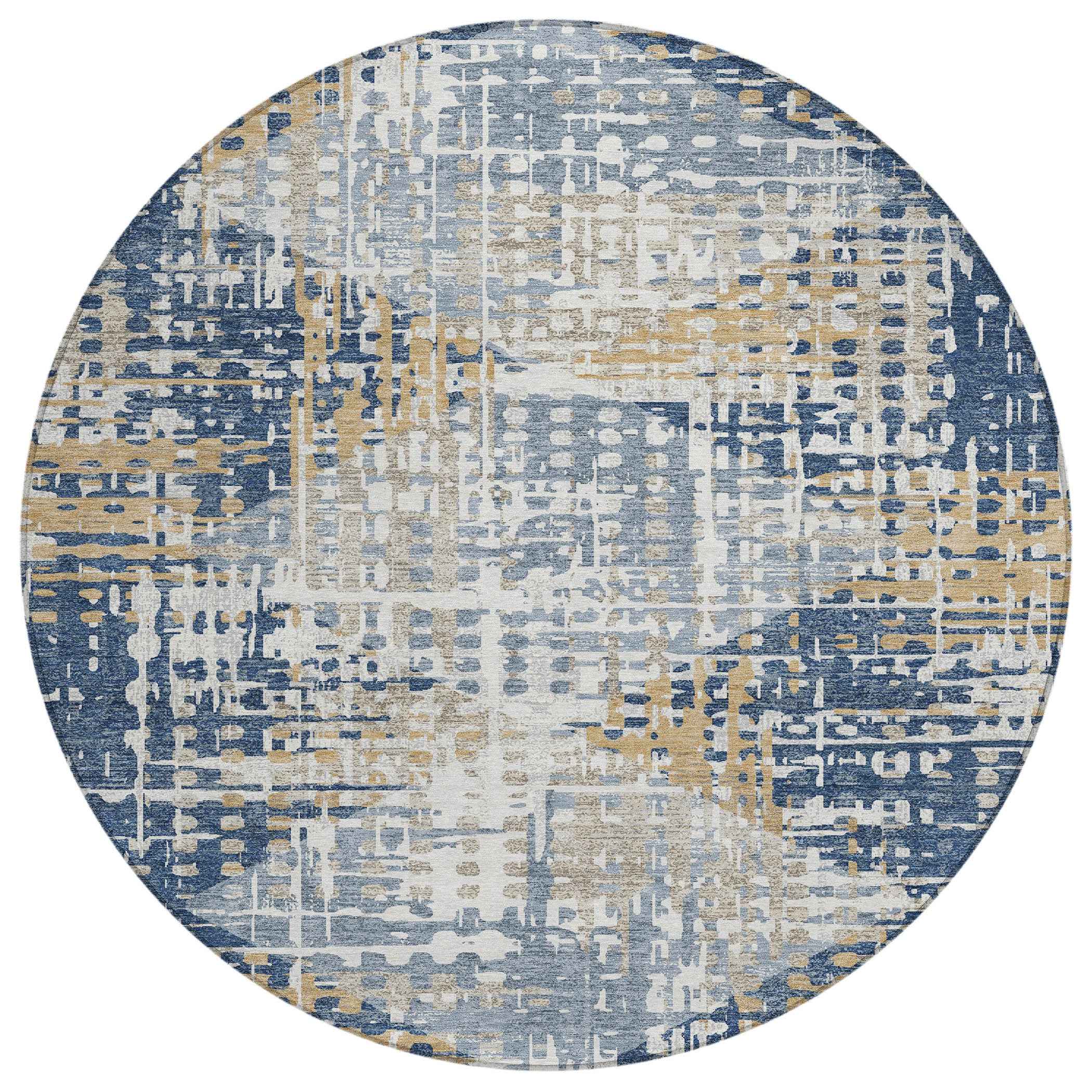 8' Navy Blue And Beige Round Geometric Washable Indoor Outdoor Area Rug
