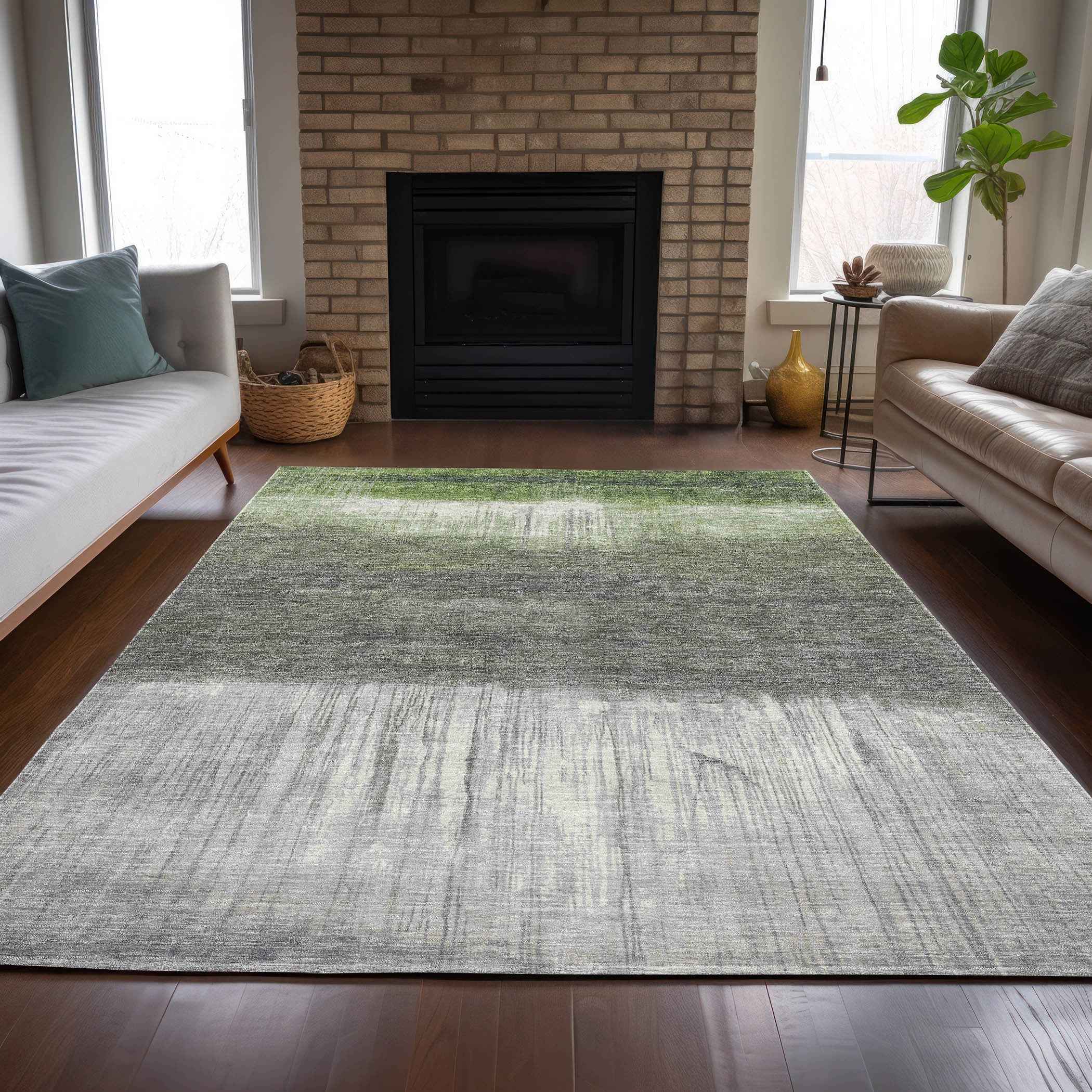 3' X 5' Fern Green And Gray Abstract Washable Indoor Outdoor Area Rug