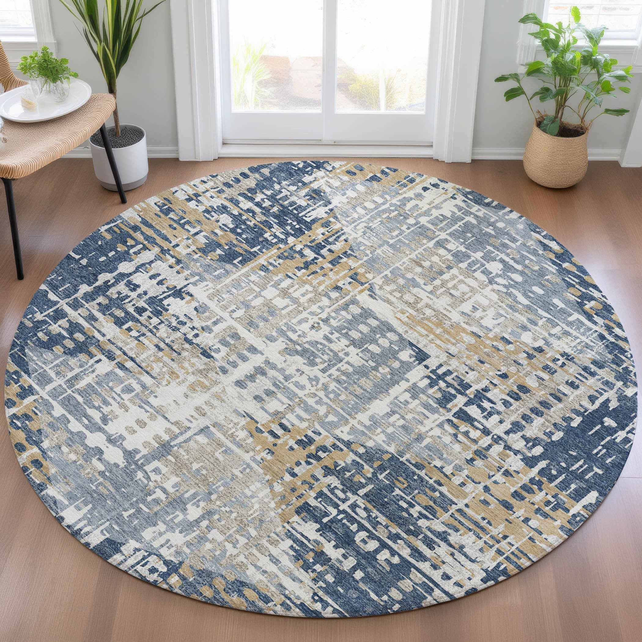 8' Navy Blue And Beige Round Geometric Washable Indoor Outdoor Area Rug