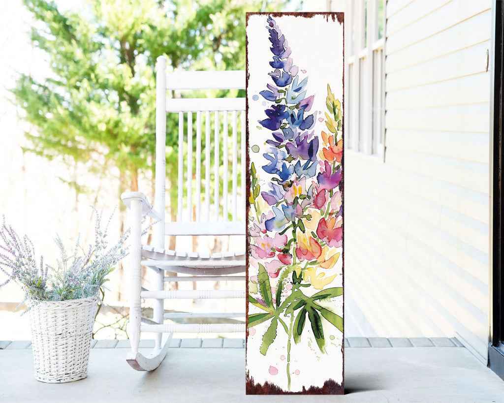 36" White Purple And Blue Watercolor Floral Solid Wood Porch Sign