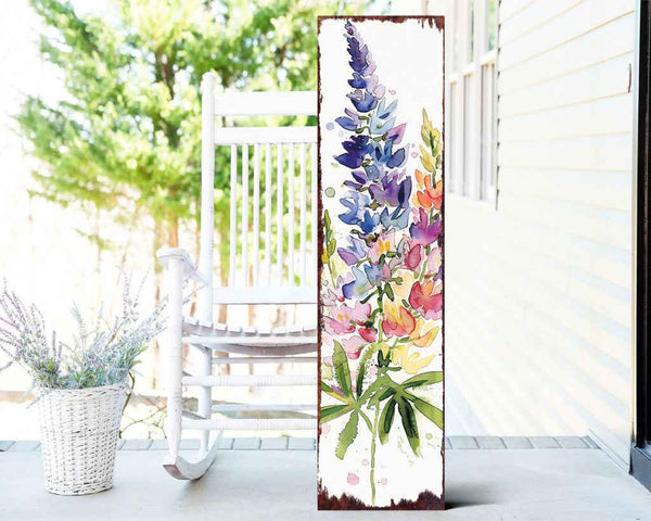 36" White Purple And Blue Watercolor Floral Solid Wood Porch Sign