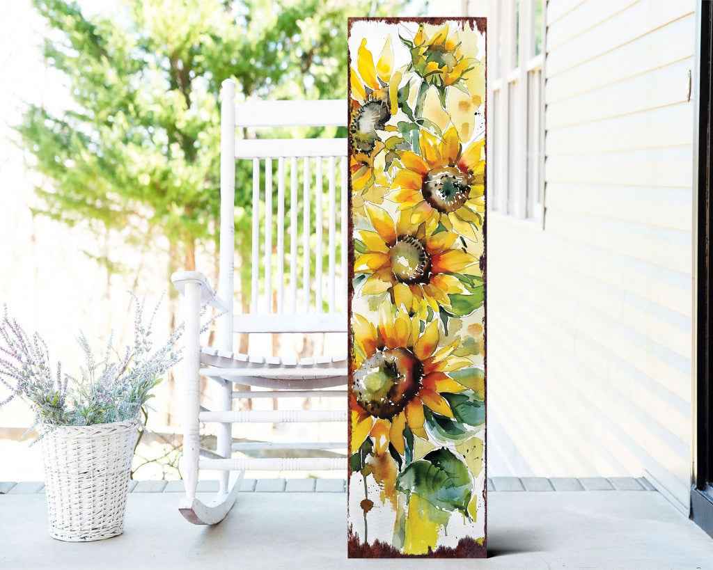 36" White Yellow And Green Sunflowers Solid Wood Porch Sign