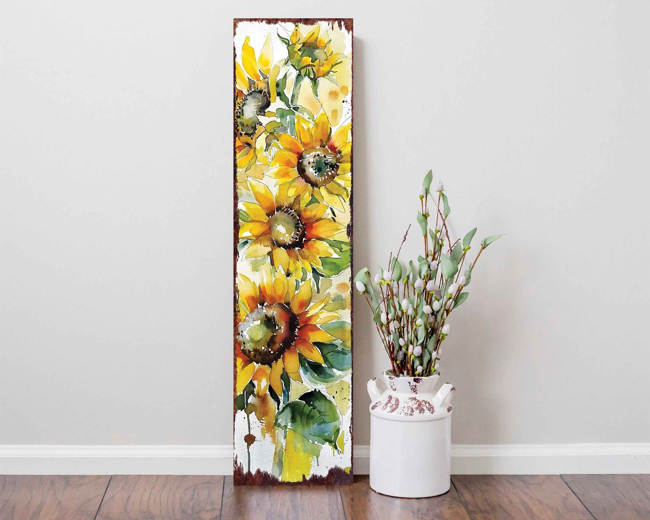 36" White Yellow And Green Sunflowers Solid Wood Porch Sign