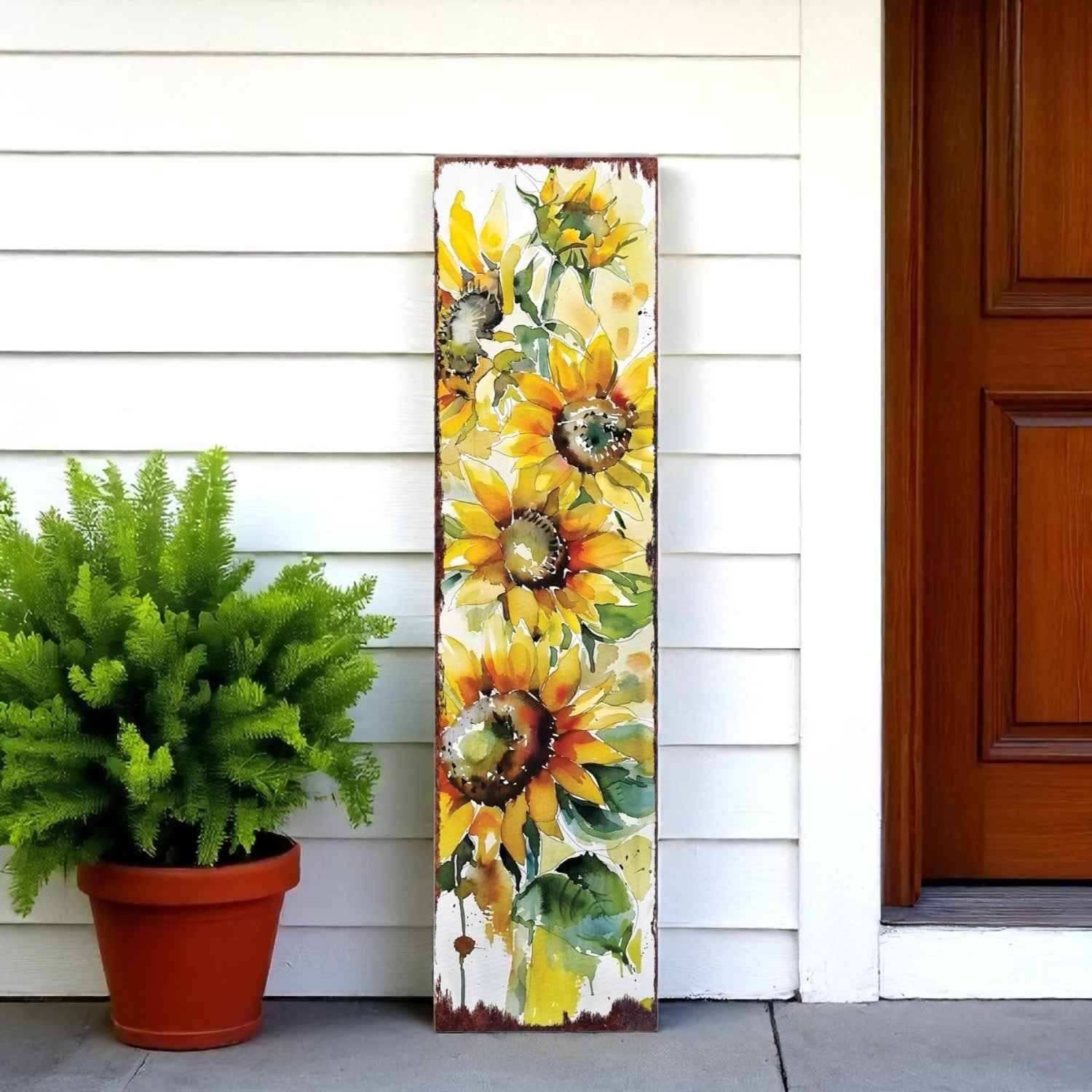 36" White Yellow And Green Sunflowers Solid Wood Porch Sign