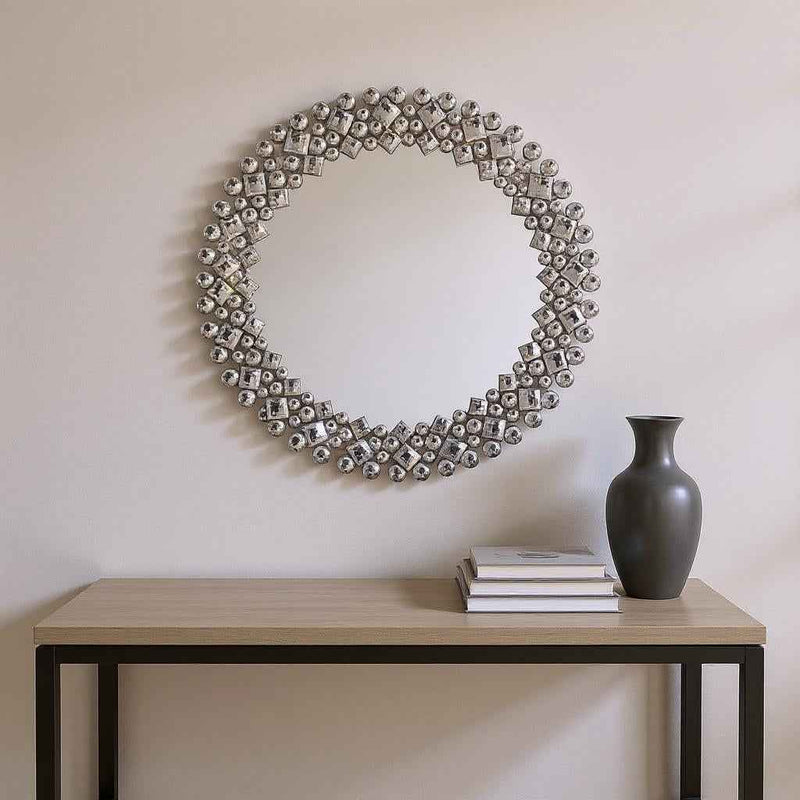 20" Silver Round Faux Crystal Bling Framed Accent Mirror