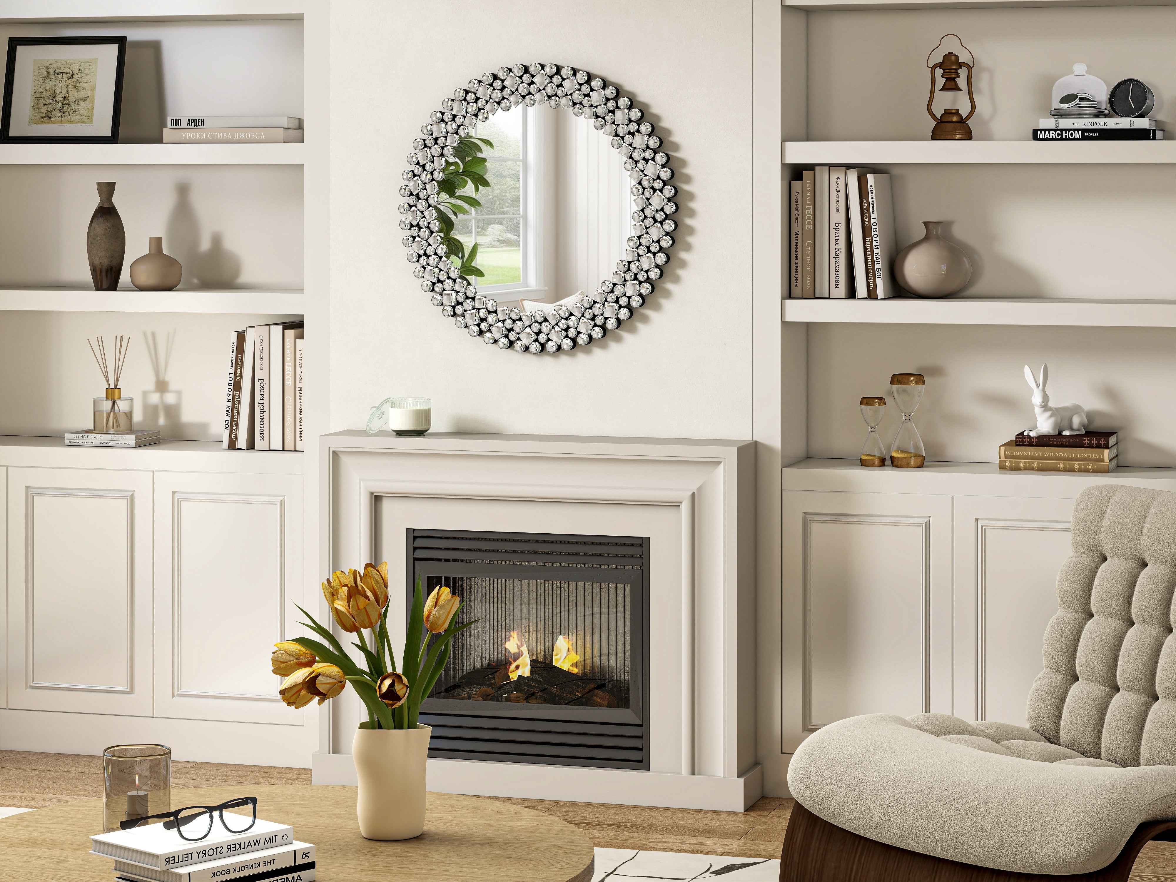 26" Silver Round Faux Crystal Bling Framed Accent Mirror